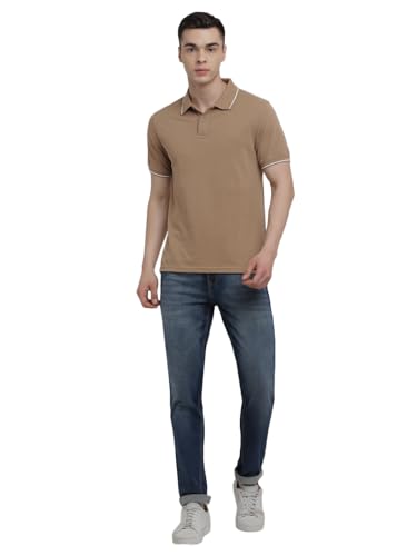Image of Deniklo Cotton Rich Half Sleeve Regular Fit Solid Polo Tshirt for Men (DK803-L Tiger's Eye)