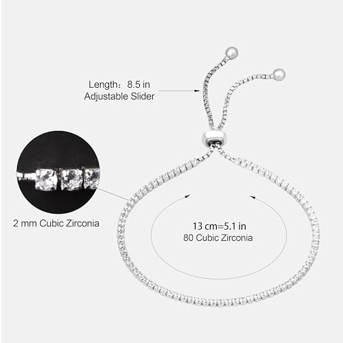 925 Sterling Silver Tennis Bracelets for Women, 18K White Gold Plated Adjustable 2mm/3mm Cubic Zirconia/Bead Bracelet, Dainty Jewelry Mother's Day Gifts for Girls Mom4