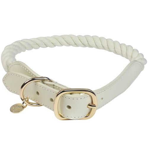 PUPPYSENTIALS Braided Cotton Rope Dog Collar for Large Dogs (Creamy White, 18'-21'), Adjustable Dog...