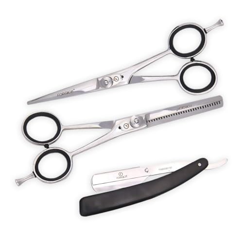 Hair Cutting Scissors Set Straight Edge Razor Red Barber Scissors Blue Barber Scissors Black Hairdressing Scissors (Silver)