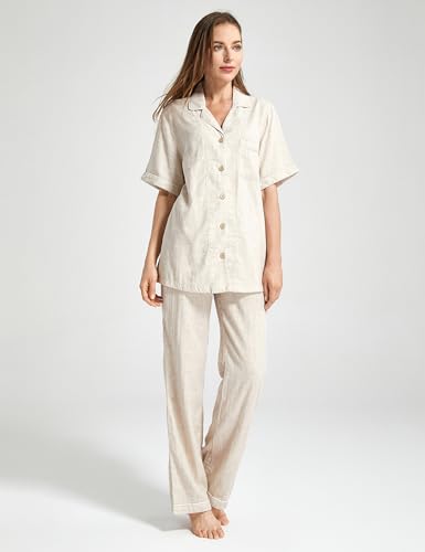 Image of Womens Muslin Pajama Set 100% Cotton Double Gauze Linen Like Breathable Soft Button Up Loungewear Sleepwear PJ Set