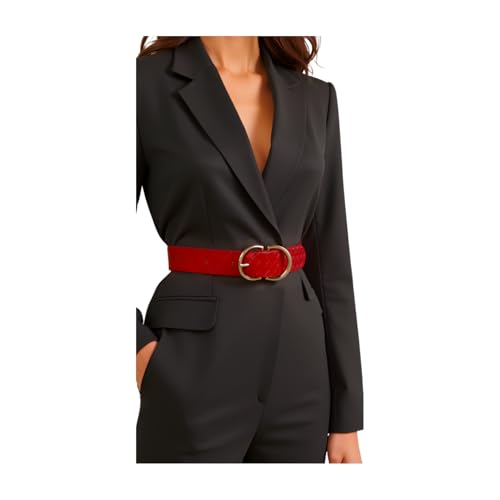 Women Red Basket Weave Faux Leather Fashion Belt Gold Metal Buckle Pant Jeans Loop S M4