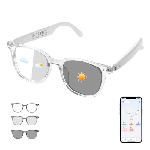 Image of AI Translator Smart Glasses, Real-Time Bilingual Translation, Bluetooth Glasses with Photochromic Lenses 160+ Languages, Lightweight Design for Travel & Business - Transparent Frame and White Legs