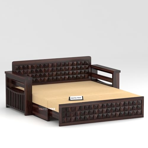 Image of Sheesham Wooden Sofa Cum Bed for Living Room with Side Pocket Storage - 3 Seater Sofa Cum Bed with Storage - 3 Person Sofa Cum Bed Wooden with Premium Cushion Seating (Walnut F)