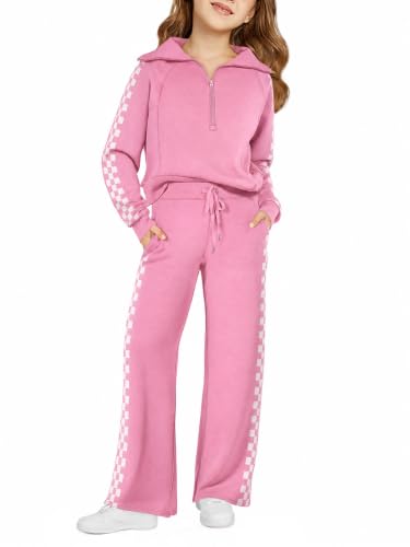 Image of Haloumoning Girls Sweatsuit 2 Piece Zip Long Sleeve Sweat Outfits | Half Zip,Waist drawstring,girls tracksuit