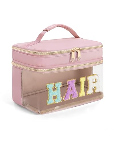 Fasrom Double Layer Hair Accessories Organizer Preppy Patch Makeup Bag with HAIR Chenille Letter Portable Travel Cosmetic Pouch Clear Toiletry Case for Women Girl Pink(Bag Only Patent Design)