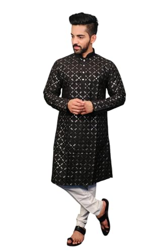 Men's Heavy Soft Silk Kurta with Pajama-Silver & Matte Sequin Embroidery Work|Elegant Traditional Ethnic Wear