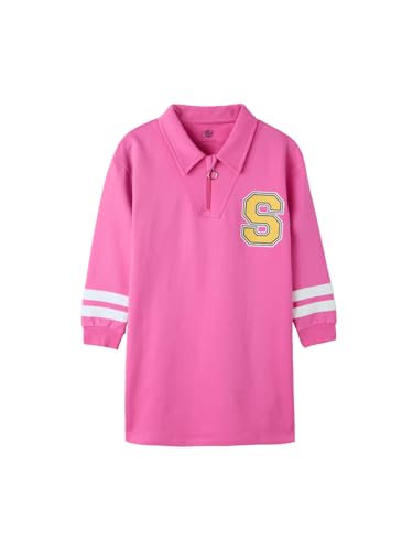Image of The Souled Store Solids: Rose Pink Girls Collared Neck Long Sleeve Graphic Printed Regular Fit Cotton Dresses Girls Solid Tshirt Midi Dresses Cotton Kids Summer Wear Block Basic Colored Full Length
