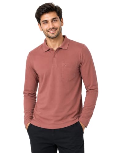 Image of CAMEY Men's Plain Solid Long Sleeve Polo T-Shirt | Regular Fit | Collared Casual Cotton Blend Tee with Chest Pocket | Everyday Comfort Wear