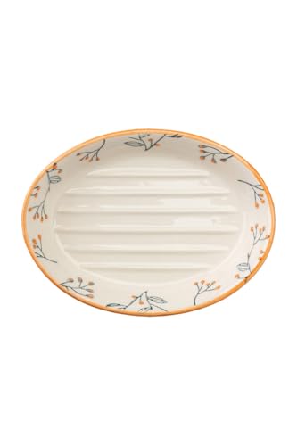 Große ovale Seifenschale aus Keramik mit floralen Prints, orangener Rand, Ablage handbemalt, 15 x 11 x 3 cm
