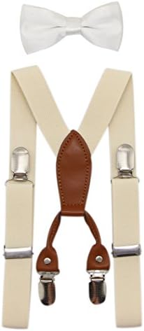 JAIFEI Toddler Kids 4 Clips Adjustable Suspenders and Matching Bow Tie Set (Ivory)