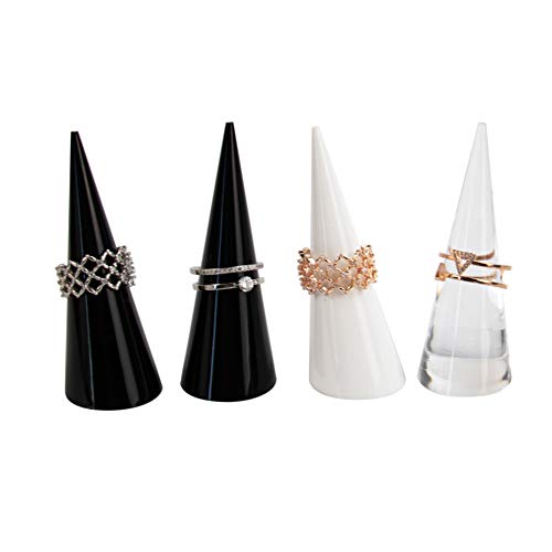 Auear, 6 Pack Cone Shape Acrylic Solid Ring Display For Jewelry Showcase Display Stand (Clear & Black & White) #TOP2