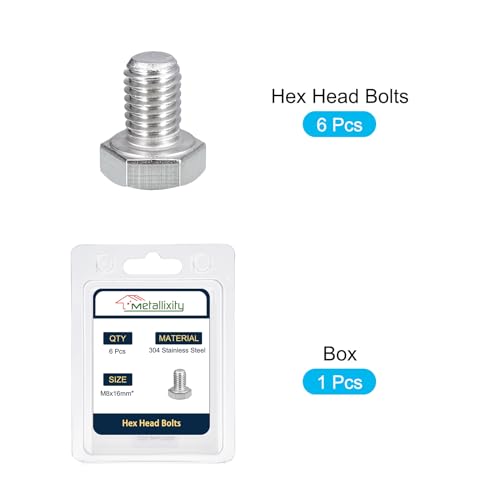 Image of METALLIXITY Hex Bolts (M8-1.25x16mm) 6Pcs, 304 Stainless Steel Coarse Fully Threaded Hex Head Screw Bolt Machine Screws - for Furniture Repair, Silver