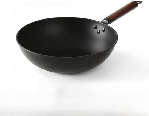 Zxyler家庭用多目的鉄鍋 上質鉄製コーティングなし健康鍋 中華鍋&フライパン 2WAY 木製ハンドル付き特別な鉄鍋 お手入れ簡単 テフロン加工レスの万能調理鍋