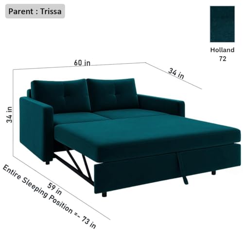 Image of FURNY Soria 2 Seater Pull-Out Premium Velvet Fabric Sofa Cum Bed Sofa Set for Living Room (Greenish Teal) Premium Finish | Ideal for Living Rooms, Bedrooms