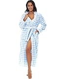 Alexander Del Rossa Womens Robe, Long Plush Bathrobe with Hood, Hooded Robes for Women Plus Size Bath Robe, Tranquil Blues Gingham Check, Large