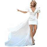HJLDRESS Women's Short Puffy Sleeve Wrap V Neck Wedding Dress with Detachable Train Two Piece Bridal Gowns White-16