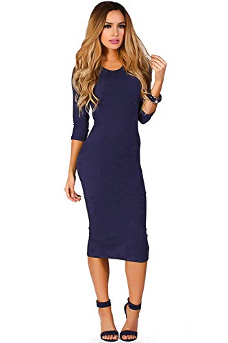 Image of ICONOFLASH Women's 3 /4 Sleeves Midi Bodycon Dress Crew Neck Fitted Dresses with Plus Size Options