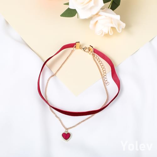 Yolev Rot Choker Halskette Samt Choker Dirndl Kette Klassische Geschichtete Rot Choker Necklace Halsketten für Teenager Mädchen Trachtenschmuck Damen