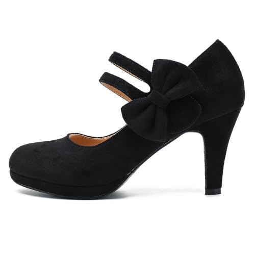 Women's Mary Jane Bow Heels Pumps Round Closed Toe Kitten Heel Double Ankle Strap Wedding Office Work Dress Shoes2