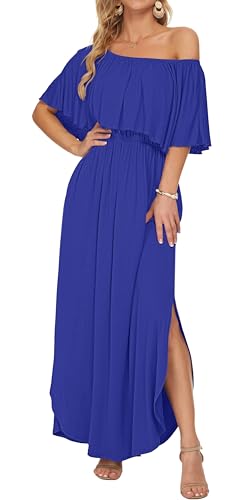 Image of AUSELILY Womens Off Shoulder Ruffle Split Summer Maxi Dresses with Pockets | Off-shoulder Ruffle dress with empire waist & side split for summer beach and casual parties