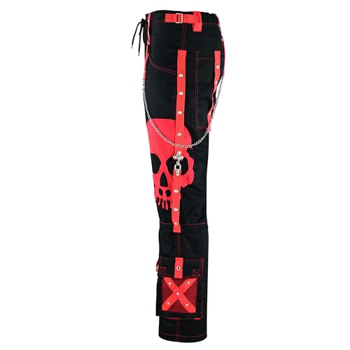 WMI Men’s Big Red Skull Bold, Dark Gothic Fashion Pants with Red Straps, Chain, and Silver Studs4