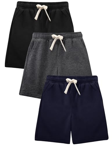 Flygo 3 Pack Boys Girls Cotton Shorts Kids Elastic Waisted Athletic Pull On Running Sweat Shorts Joggers with Pockets