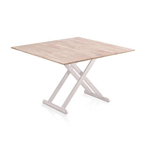 duehome | Katia, Mesa de Centro elevable y Extensible, Mesa Auxiliar, Mesa Convertible, Acabado en Roble y Blanco, Medidas: 110-114 cm (Largo) x 57-110 cm (Ancho) x 49-76 cm (Alto)