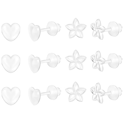 6 Pairs Clear Earrings for School Plastic Earrings Hypoallergenic Earrings Invisible Earrings Clear Studs Plastic Earrings for Sensitive Ears, Resin (Flower + Heart)