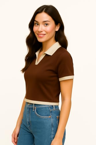Image of Ribbed Polo Crop Top, Half Sleeve Top for Women, Korean Style Top, Trendy Collar, Stylish Tops for Girls, Fancy Top