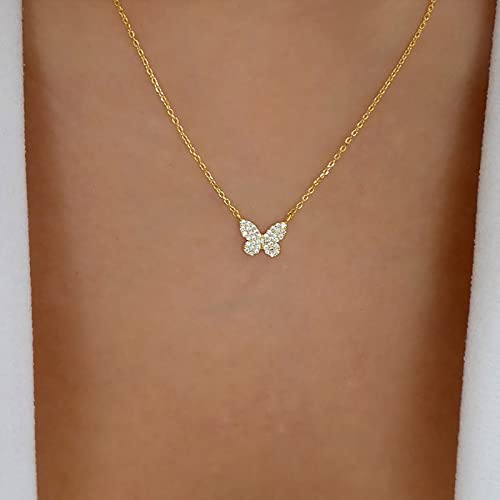 Atentuyi Gold Kristall Schmetterling Anhänger Halskette - Strass - Dünne Kette - Einfache Halskette - Schmuck für Frauen und Mädchen