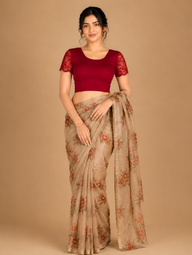 Image of Abhi Cotton Readymade Saree Blouse for Women- Half Net Sleeves, Round Neck, Regular-fit, Stretchable, Pull-on Style Blouse