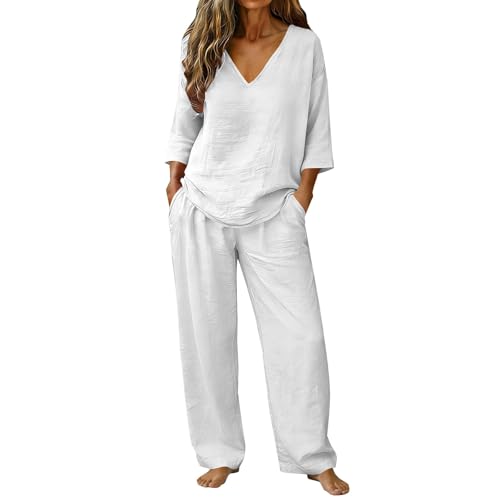 Chándal de lino transpirable de mujer con pantalón ancho de verano y blusa con cuello en V