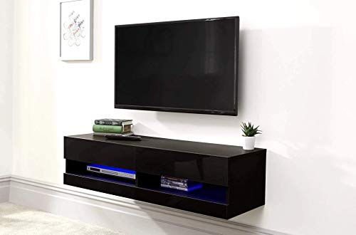 Galice à Fixation Murale Brillant Meuble TV avec éclairage LED – 120 cm ou 180 cm – Noir, Gris ou Blanc 120 cm Noir