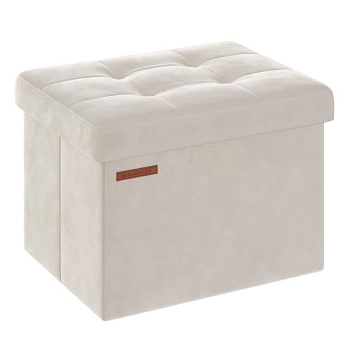 SONGMICS Storage Ottoman, Foldable Small Ottoman Foot Rest, 12.2 x 16.1 Inches Foot Stool, OAD up to 286 lb, for Living Room, Bedroom, Dorm, Cream White ULSF200W01 Velvet Cream White