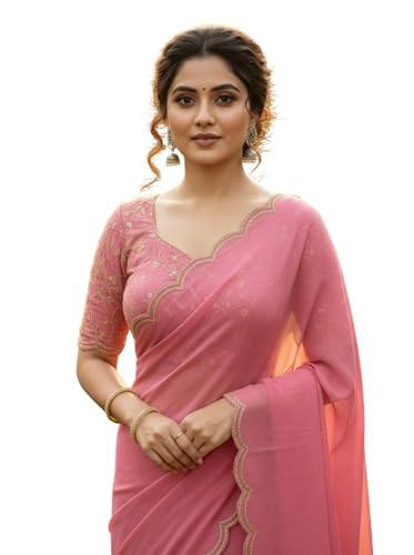 Image of Chinon Silk Saree with Embroidered Blouse, Traditional Georgette Saree, Elephant Embroidery Pattern, V-Neck Design, Free Size, Festival Wear