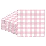 50Pcs Pink Scalloped Napkins Pink And White Checkered Decorative Party Supplies Light Plaid Gingham Dessert Napkins for Girls Women Wedding Birthday Baby Shower Summer Picnic Party Favor