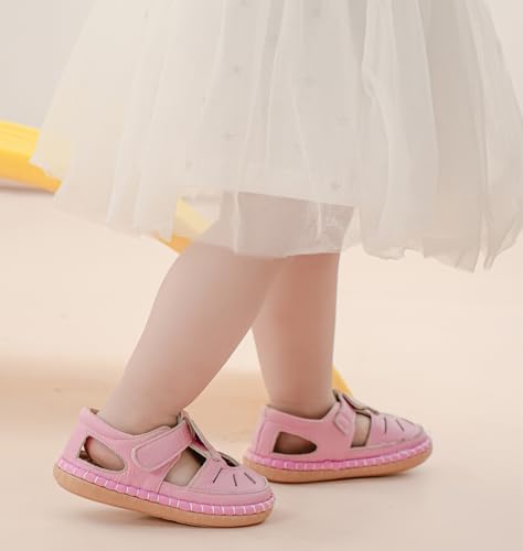 Image of DADAWEN Toddler Girls Leather Closed Toe Summer Sandals Lightweight Non-Slip Soft Sole Cute Flat Shoes Baby Flower Girl Shoes