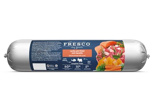 Fresco Dog Barf Wurst Complete-Menü Lachs und Rind mit Karotte | 400 g | Futtermittel für Hunde mit Lachs und Rind mit Karotte | Kann dabei helfen Hunde optimal zu versorgen