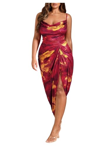 Image of WDIRARA Women's Plus Size Tie Dye Bodycon Long Dress Cowl Neck Sleeveless Ruched Split Cami Dresses
