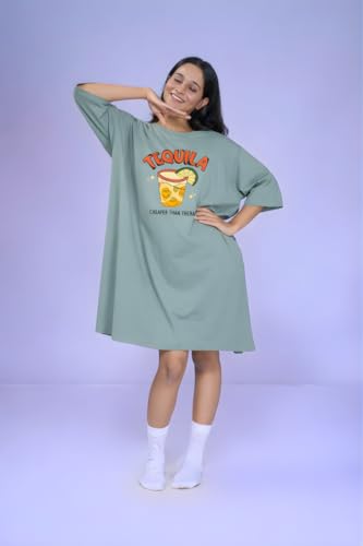 Image of LAMA STORE Women's Printed Oversized T-Shirt Dress, Cotton, 3 /4 Sleeve Length, Casual Loose Fit, Comfort Wear Extra Comfy Oversized Printed Pocket T-Shirt Dress
