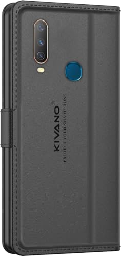 Image of KIVANO LUXE Compatible for Vivo Y17 / Vivo Y15 / Vivo Y12 / Vivo U10 / Vivo Y11 Luxury Handmade Leather Magnetic Flip Folio Case | Card Holder & Kickstand | Slim Protective Cover | Unisex - Black