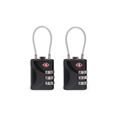 Brookstone Cable Lock - 2 Pack TSA-Approved 3-Digit Keyless Luggage Travel Lock - Resettable Combination Wire Padlock, Black3