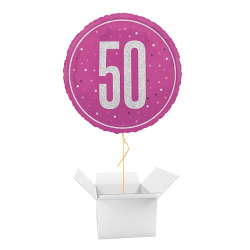 Hot Pink Glitz Age 50 Holographic Round Foil Helium Balloon - Inflated Balloon in a Box