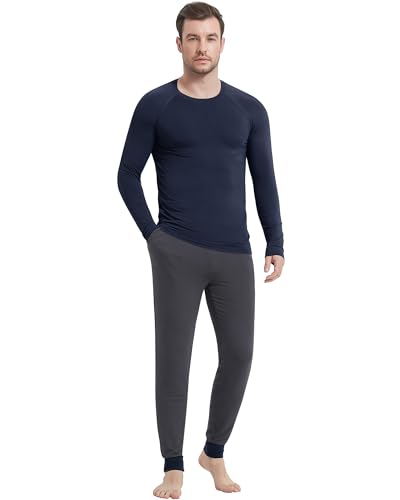Image of NACHILA Mens Pajamas Set Long Sleeve Henley Sleepwear Top Soft Jogger Pants Pajamas Cool Pjs Set,Viscose Made from Bamboo
