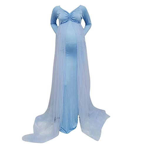 Vestido de maternidad festivo sin tirantes para mujer de maternidad de manga larga fotografía embarazada vestido de tul sólido vestido de princesa de tul vestido de fotos vestidos de embarazo, azul,