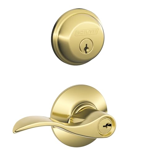 SCHLAGE FB50N V Acc 505 B60 - Cerrojo de seguridad de un solo cilindro y palanca de entrada con llave F51 con llave igual, acabado de latón brillante Lock Company
