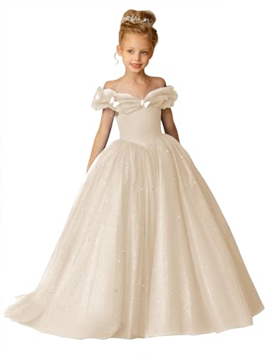 Off The Shouler Flower Girl Dresses for Wedding Puffy Tulle Pearls A-Line Princess Pageant Dress with Bowknot