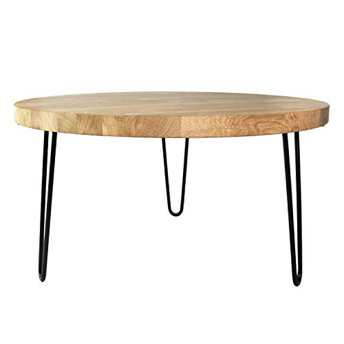 heimzeit Beistelltisch rund aus hochwertigem Massivholz Eiche [Dicke: 4 cm, Ø 80 cm] - Couchtisch Eiche [FSC-Zertifiziert] im stilvollen Industrial Style mit mit schwarzen Hairpin Legs [41 cm] Cover
