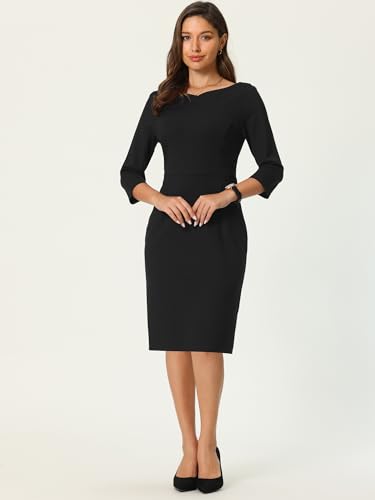 Women's 3/4 Sleeve Pencil Dress Boat Neck Elegant Wear to Work Midi Sheath Dresses2